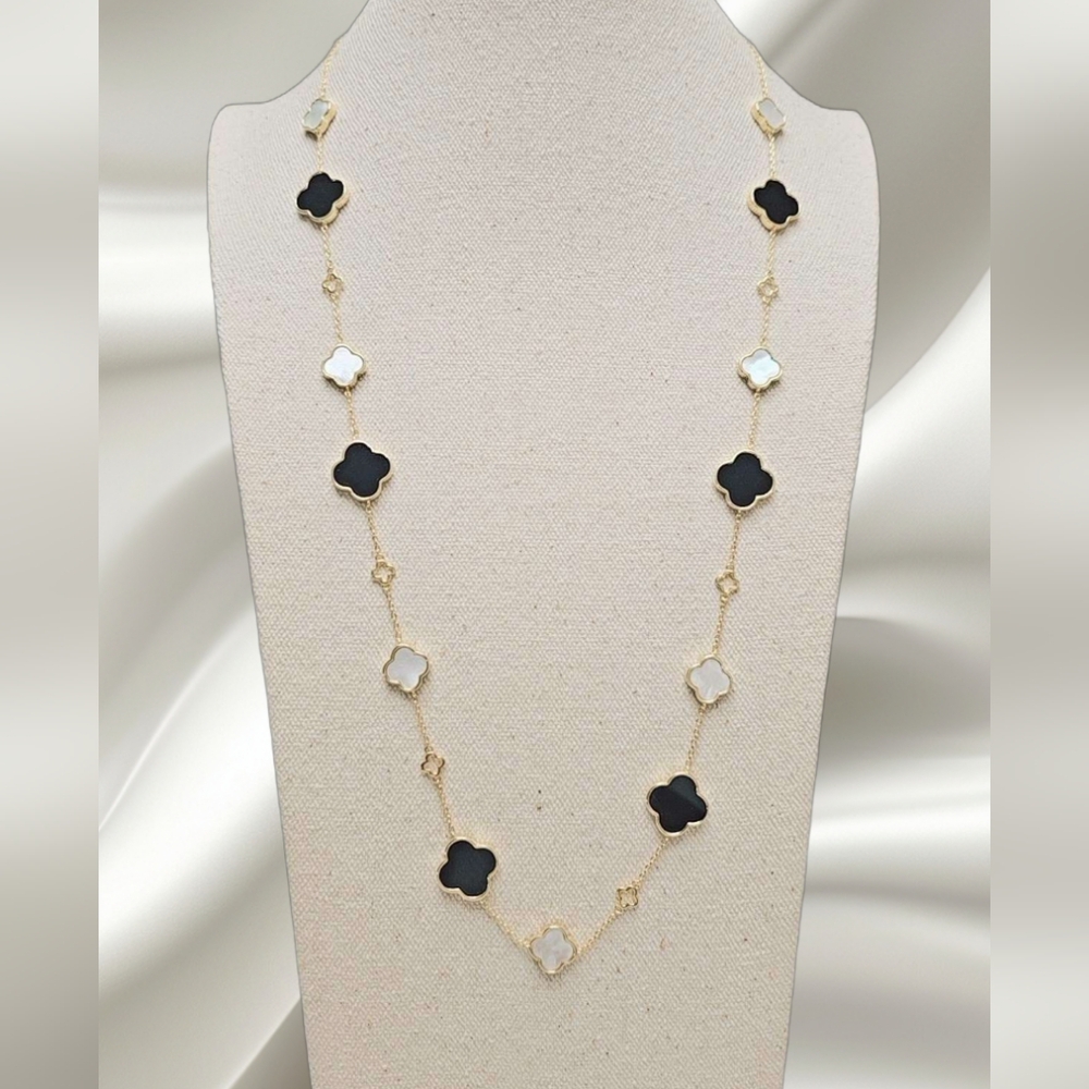 Mother of Pearl & Onyx Alhambra Long Gold Necklace